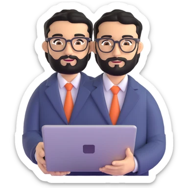 same professional man with medium black beard, neat black hair, connected unibrow, olive tan skin, brown eyes, glasses, prominent nose, in business casual attire, holding laptop under arm sticker