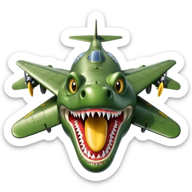 crocodile's head with open mouth sharp teeth fused onto a WWII bomber plane's metallic body with wings and propellers emoji style absurd meme humor sticker
