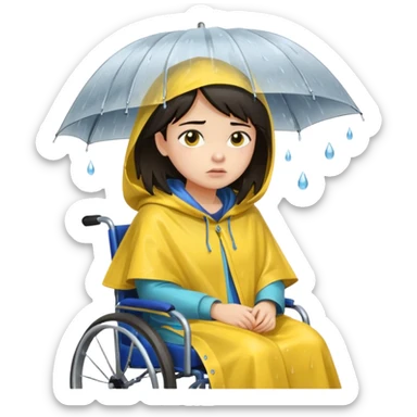 Girl with dark hair  in a wheelchair with rain poncho sad with rain storm  sticker
