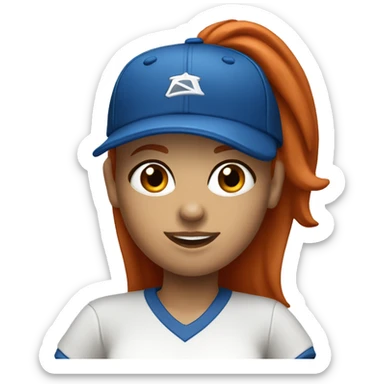 standing up white female coach with long red hair in white t-shirt and with a simple blue baseball hat sticker