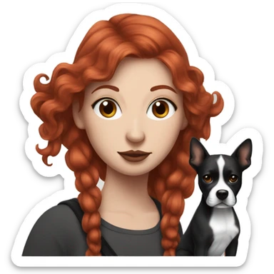 Long Red haired woman with septum piercing holding black and white English Staffordshire dog sticker