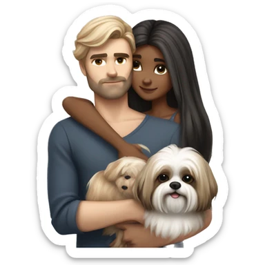 A couple, one very beautiful girl with very long volume hair brown and blond and one boy with perfect hair that hugs her and also hugs two little dogs shih tzu black and white sticker