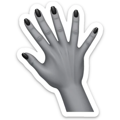 front angle view of a grey colored arm and 5-fingered hand reaching out, black finger nails behind sticker