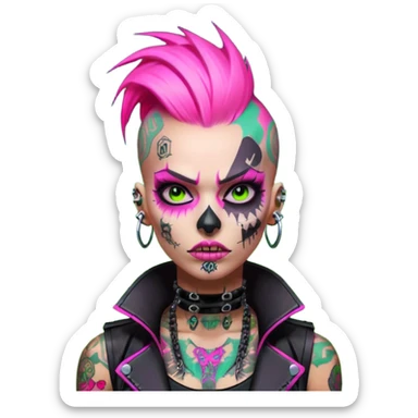 Cyberpunk female punk, pink mohawk, skull face tattoos, bionic neck, aggressive expression, neon green lighting sticker