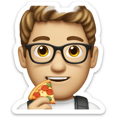 White nerd with brown hair eating pizza sticker