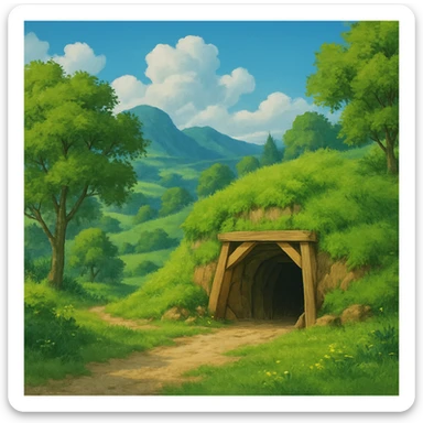 ghibli style lush landscape with a gold mine entrance sticker