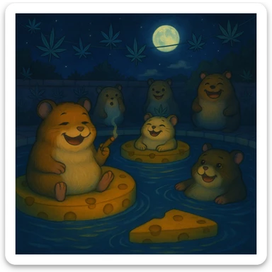 Make the scene night time with a dark sky, glowing pool lights, and moonlight. Keep the Ghibli style and cult weed cheese pool party theme. sticker