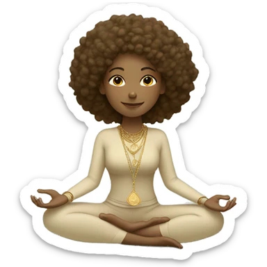 Woman with soft brown curly hair in beige and sage yoga outfit doing a meditation pose with gold jewellery and on a sage yoga mat  sticker