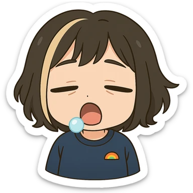 Make this exact chibi girl look sleepy in the same anime chibi style, keeping the same face, hair, and outfit. Remove the tears, add droopy eyelids, a small yawn or sleepy mouth, and a little snot bubble. Transparent background, sized for Twitch emoji use. sticker