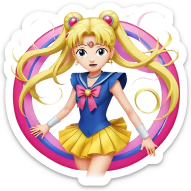 Icon for Anime: vibrant, dynamic scene with characters of Bishoujo Senshi Sailor Moon in action, featuring exaggerated expressions and colorful backgrounds. The design should reflect the distinct, energetic style of anime, with iconic eyes and unique visual elements. Transparent background. sticker