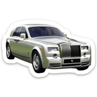 Rolls-Royce Phantom (2022) – cinematic-realistic Rolls-Royce Phantom emoji, its polished silver frame glistening under the sun as it glides down a winding, tree-lined road. The iconic Spirit of Ecstasy hood ornament stands proudly, the V12 engine hums silently  sticker