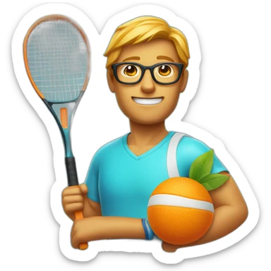 orange-faced man wearing glasses and holding a beach tennis racket sticker