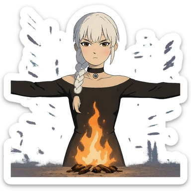  young woman with gold yellow eyes, white hair, long braid, black off-shoulder top, punk gothic style, futuristic cyberwave cyberpunk,, she is calmly t-posing , there is a small bonfire in front of her sticker