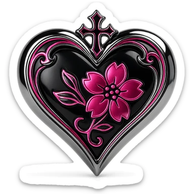 goth sakura heart, y2k aesthetic, glossy black and hot pink, chrome accents, playful and bold sticker