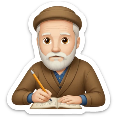 caucasian man with white beard writing in the script sticker