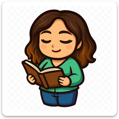 Sticker style chibi emote, matching the attached green heart emote as a base, but with a slightly skinnier body and a bigger chest. Woman from reference, mint green blouse and blue jeans, reading a book, cute focused face, no headband, no wand, no green heart, transparent background. Top color should not match jeans. sticker