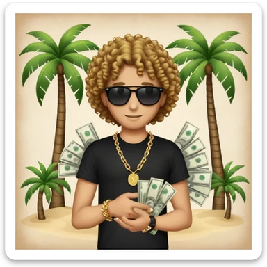 Happy mixed-race person with curly hair, black t-shirt, chain necklace, sunglasses, holding cash in both hands, palm tree beach background sticker