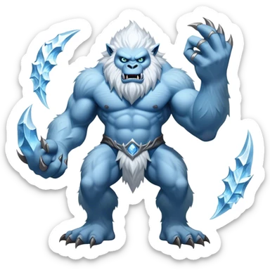 Cinematic Realistic WoW Yeti Portrait, captured in a dynamic, battle-ready stance, muscles rippling beneath dense fur of icy white and pale blue. His piercing ice-blue eyes blaze with raw power as frost clings to his form, rendered with dramatic natural lighting and high shine, exuding fierce, untamed strength in the midst of a wintry combat pose. sticker