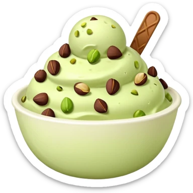 I want a emoji of pistachio ice cream with pistachio on top and some chocolate chips , make sure it’s in a bowl and aesthetic in a white bowl and make it look a little bit more green sticker