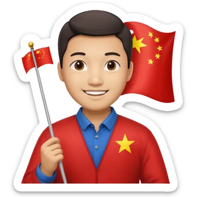 A Chinese man with a Chinese flag sticker