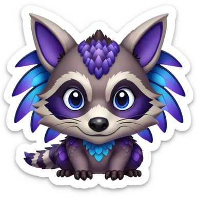 Raccoon dragon hybrid face forward with wings fully body dark purple and blue sticker