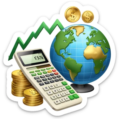 An icon featuring a calculator, a dollar sign, and a chart with upward trends, symbolizing economics. The design includes coins, bills, and a globe, representing global trade and financial systems. Transparent background highlights the study of markets, supply, and demand. sticker