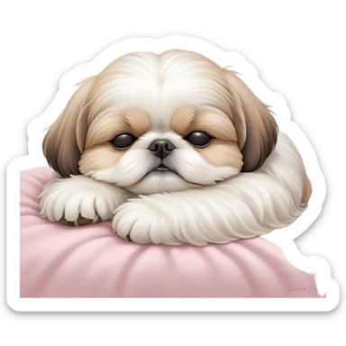 Meme-Worthy Cute Sleeping Shih Tzu Portrait Emoji, Head resting peacefully with a tender, contented smile and eyes delicately closed in serene slumber, showcasing a luxuriously fluffy fur in soft pastel tones, simplified yet irresistibly adorable, highly detailed, glowing with a warm, drowsy radiance, high shine, exuding calm, cozy charm, styled with a gentle, soft glowing outline, capturing the essence of a sleeping Shih Tzu that radiates utterly adorable, sleepy bliss! sticker