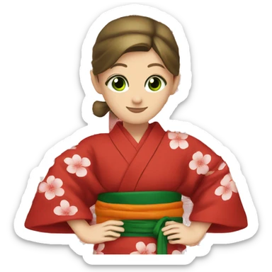 Red kimono. Green eyes. Writing  sticker