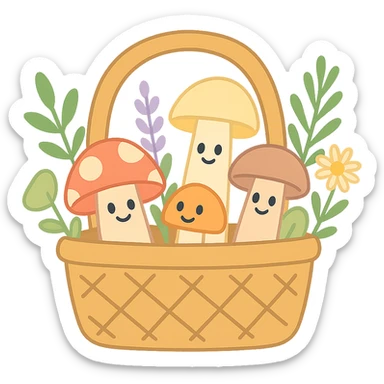basket full of forest goodies with mushrooms, herbs, flowers in soft pastel colors, pastel-toon style sticker