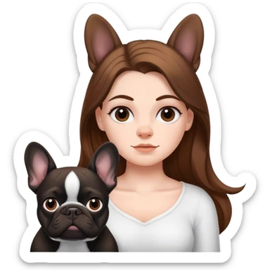 a white girl with brown hair with a black frenchie bulldog with long hair sticker