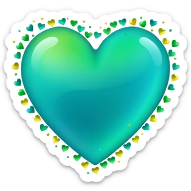 emoji: teal and neon green gradient heart with celebration confetti from behind. sticker