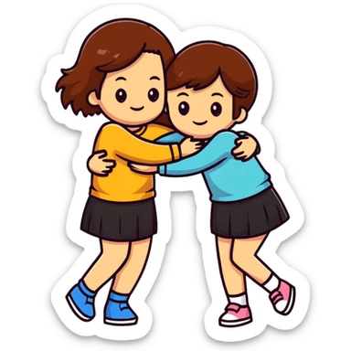two girls hugging, one with brown hair sticker