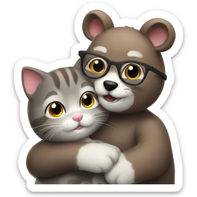 A brown bear cub in glasses hugs a gray cat sticker