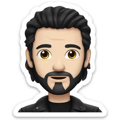  Man with pale skin, very long black hair, black goatee, square jawline, eyeliner, black leather jacket, black pants, black shirt and pentacle necklace sticker