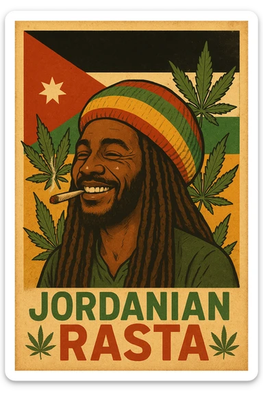 A digital vintage-style poster illustration of a Jordanian Rasta man with dreadlocks, wearing a red, yellow, green striped tam hat. He is smiling peacefully with a lit herbal spliff in his mouth. The background features the official Jordan flag — black, white, green horizontal stripes with a red triangle and a white 7-point star — accurately displayed behind him. Cannabis leaves are tastefully arranged around the composition, and the poster includes Rasta color textures blended with the Jordanian palette. Use a retro poster style with warm, slightly aged textures, bold outlines, and soft shading to evoke a soulful reggae vibe that honors both Jordanian pride and Rasta spirit. The mood is chill, powerful, and respectful sticker