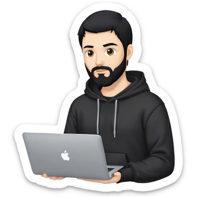 hackeur blanc cheveux noir barbe et capuche noir avec un macbook sticker
