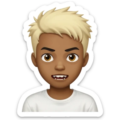 Black Male Teenager with Short punk messy blonde hair, Dark brown bushy eyebrows large expressive golden-brown eyes, wearing a plain white t-shirt, Dark Brown skin color. vampire tooth sticker