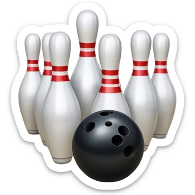 A bowling ball rolling down the lane towards a set of pins, with the pins poised to fall. The scene is set in a bowling alley with bright lights and a polished wooden floor, capturing the excitement and precision of the sport. sticker