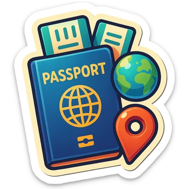 retro sticker-style image of a passport with two tickets, a small globe, and a location pin icon, bold outlines, juicy colors, expressive shadows and highlights sticker