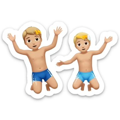 Two blond boys, the third boy with brown hair and a little baby girl with braun hair doing a belly flop in to a pool full of water. Show the pool sticker