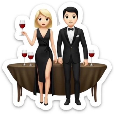 Blonde woman, black, Long, tight, sleveless Dress, Slot left Leg, man, black Hair, in Dinner jacket sticker