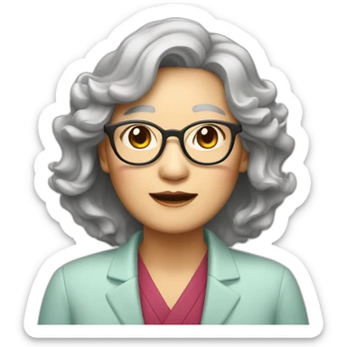 Chinese senior lady wear glasses with wavy long wavy hair sticker