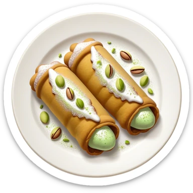 Realistic plate of cannolis with pistachio dust and powdered sugar sticker
