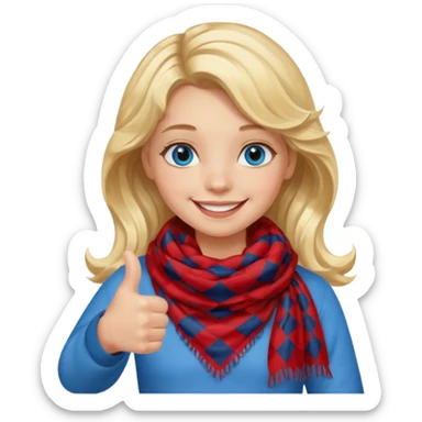 Blonde Girl, Blue Eyes, wavy hair, smiling, thumbs up, wearing red Checkered Triangle scarf sticker