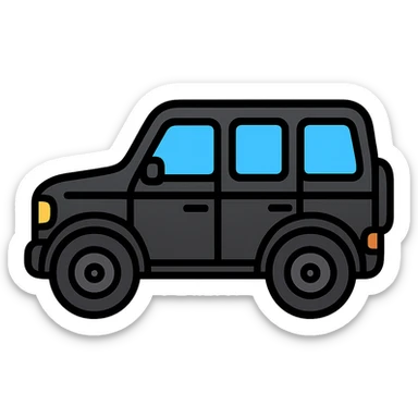 Remove all white outline so only the car remains. Keep the simple, cartoonish, minimal, rounded, glossy style with a black body, large windows, and large wheels. No background. sticker