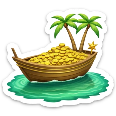 emoji of gold coins on the boat in the sea and an island on the background sticker
