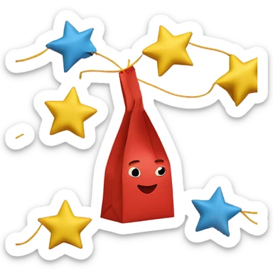 Four-pointed stars pop out of a red paper bag with a yellow string sticker