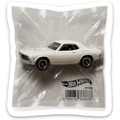 white 1971 Dodge Challenger Hot Wheels toy car, shiny and inflated, inspired by the movie 'Death Proof' sticker