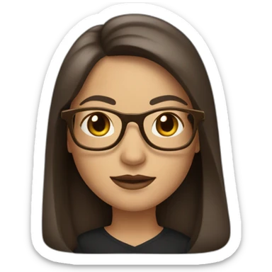 A classic Apple Memoji of a woman with long dark brown hair, brown eyes and golden frame glasses sticker