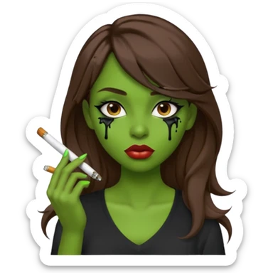 {
  "prompt": "3D cartoon-style green-skinned girl with long brown hair and a side-swept bang. Large brown eyes with black dripping makeup, white V-neck shirt, cigarette in her mouth, dark background. Same proportions and style as the original description.",
  "size": "1024x1024"
} sticker